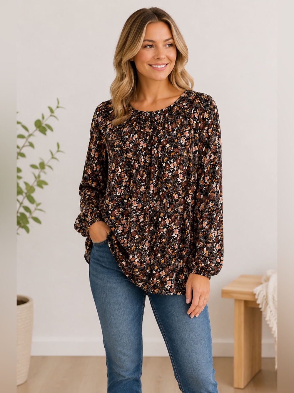 J. Jill Womens Floral Print Long Sleeve Round Neck Blouse size small